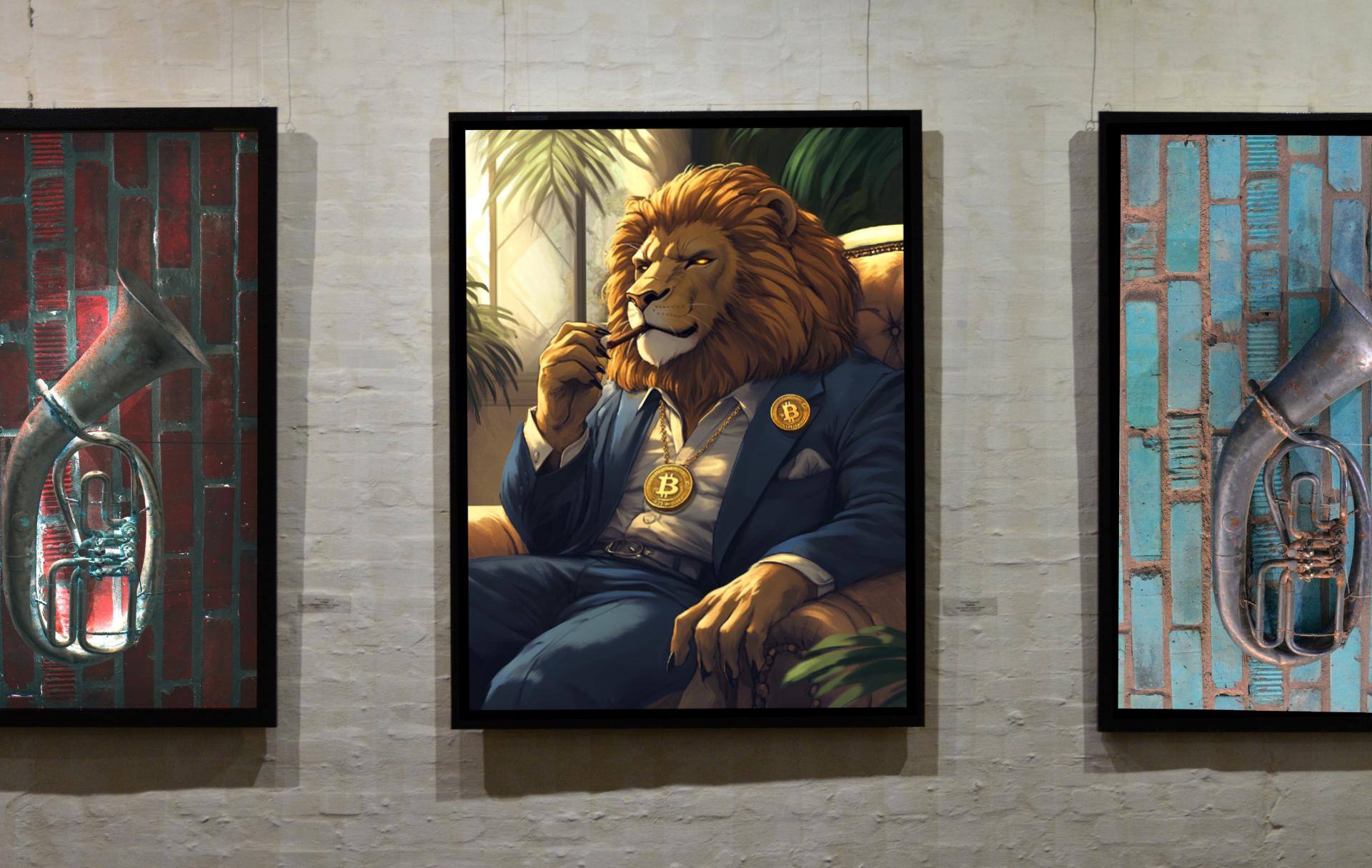 Rich Lion Wearing Bitcoin Pendant Digital Printable Wall Art.