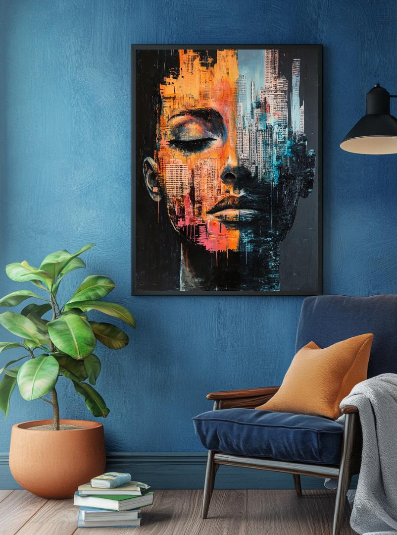 Face With Buildings Painting Digital Printable Wall Art.
