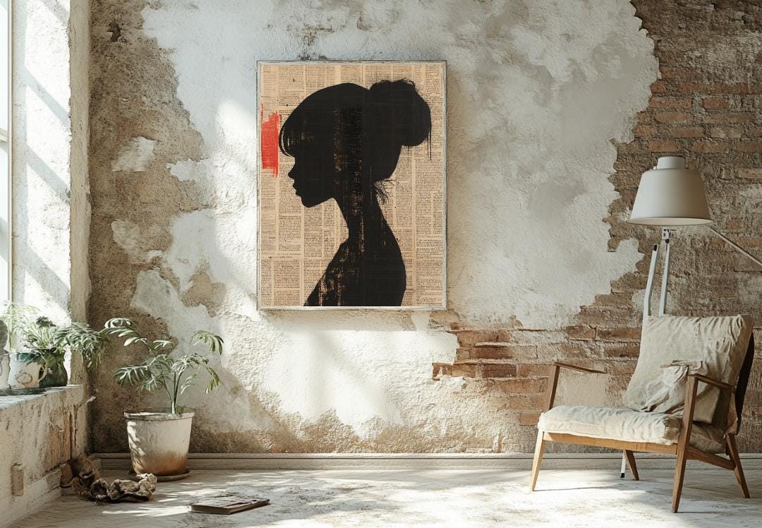 Silhouette On Newspaper Digital Printable Wall Art.