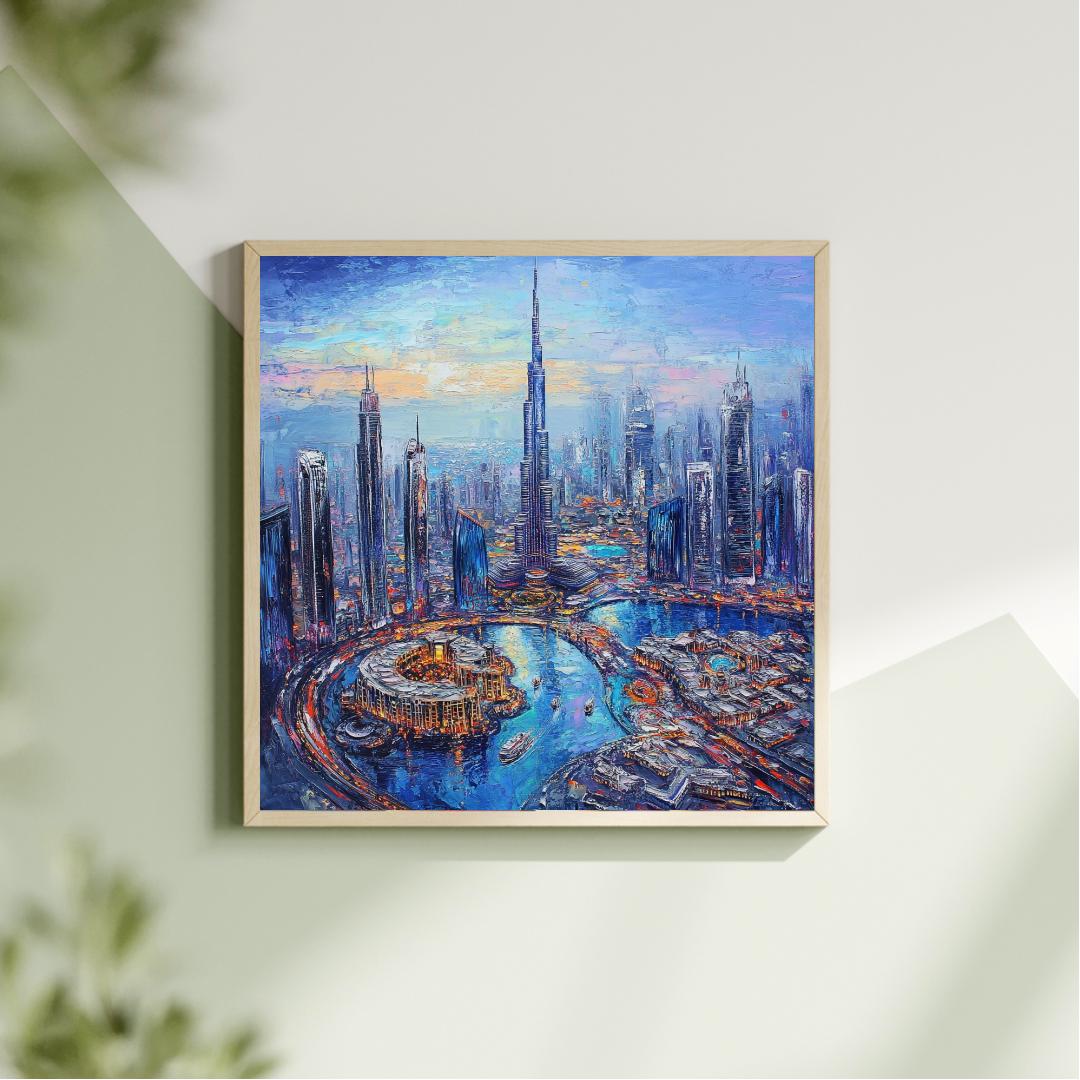 Downtown Dubai And Burj Khalifa Aerial View Oil Painting Digital Printable Wall Art