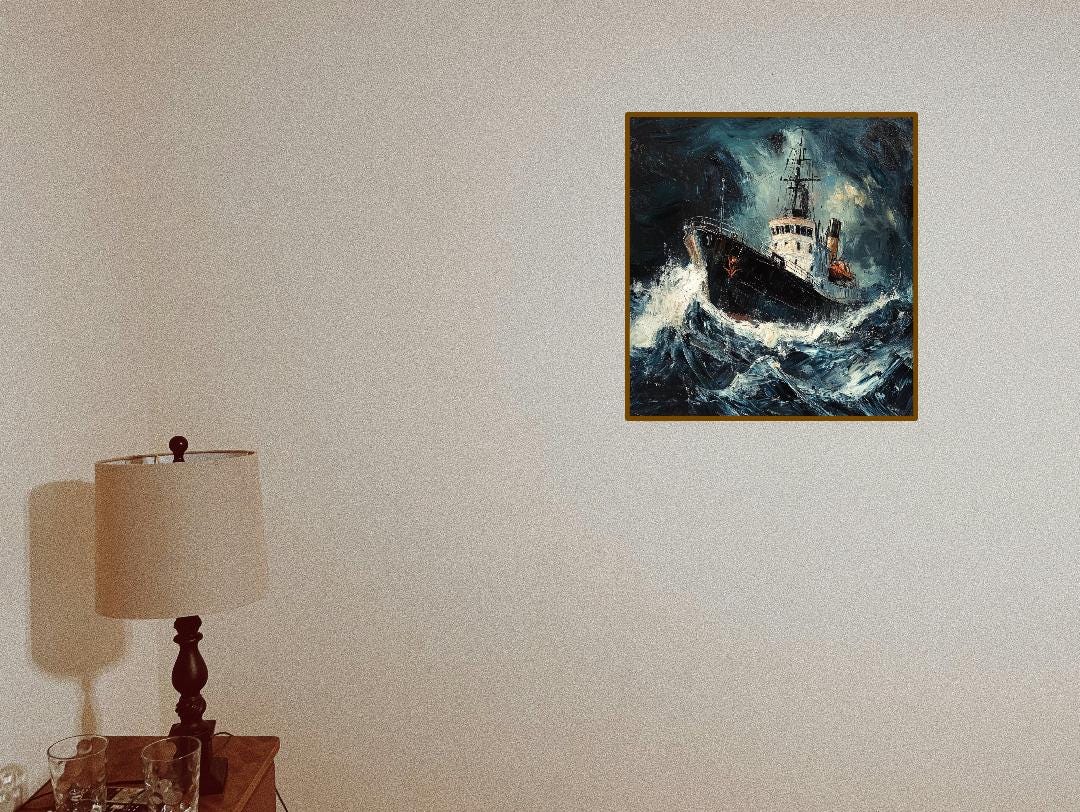 Old Ship In Scary Ocean Digital Printable Wall Art.