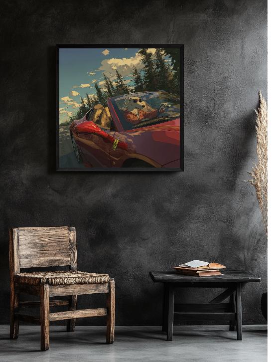 Dog Driving Red Ferrari.