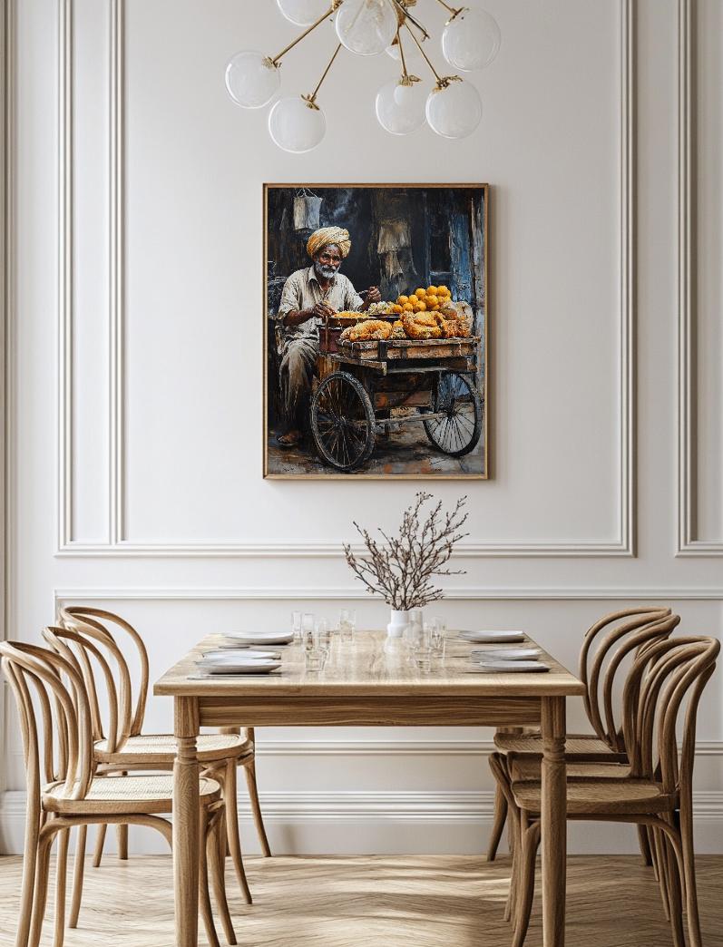 Old Man With His Food Cart Painting Digital Printable Wall Art.