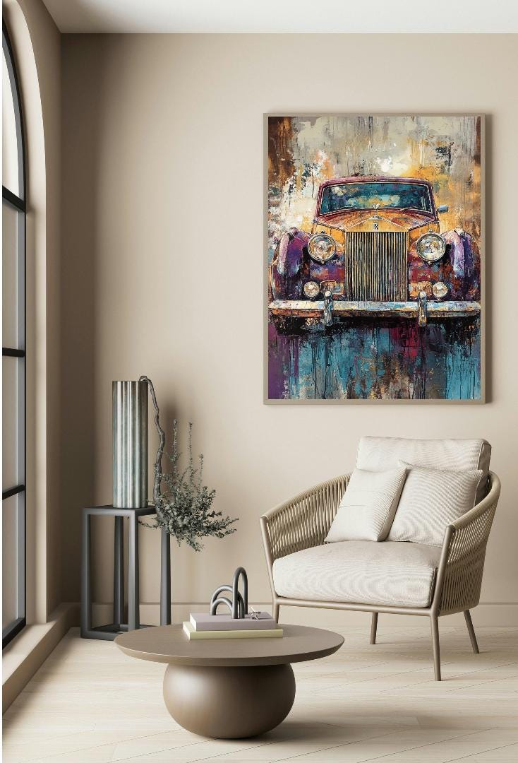 Vintage Rolls Royce Painting Digital Printable Wall Art.