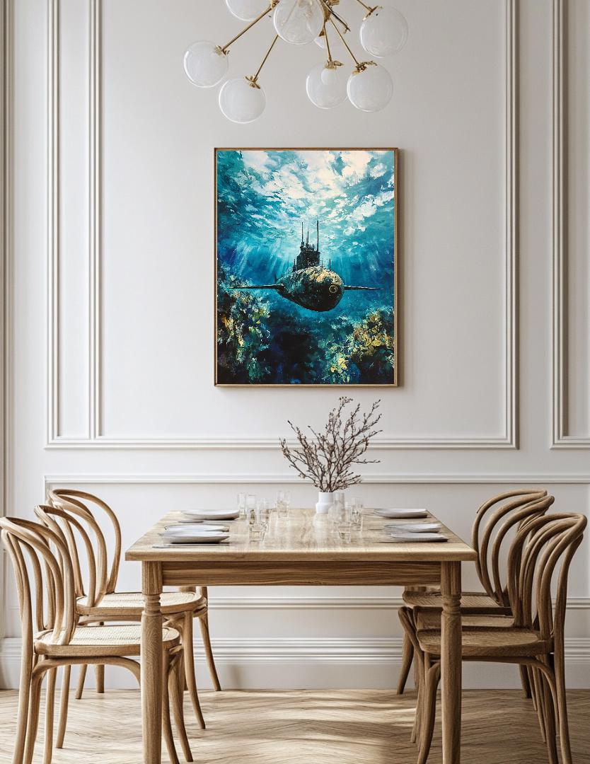 Submarine In The Ocean Painting Digital Printable Wall Art.