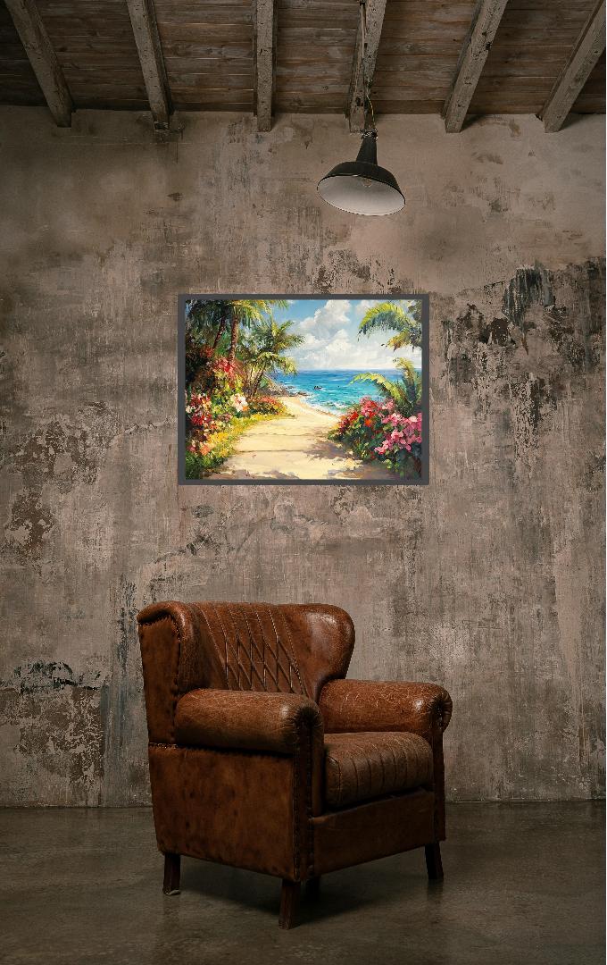 Floral Beach Oil Painting Art Print | Tropical Seascape (Digital Download)