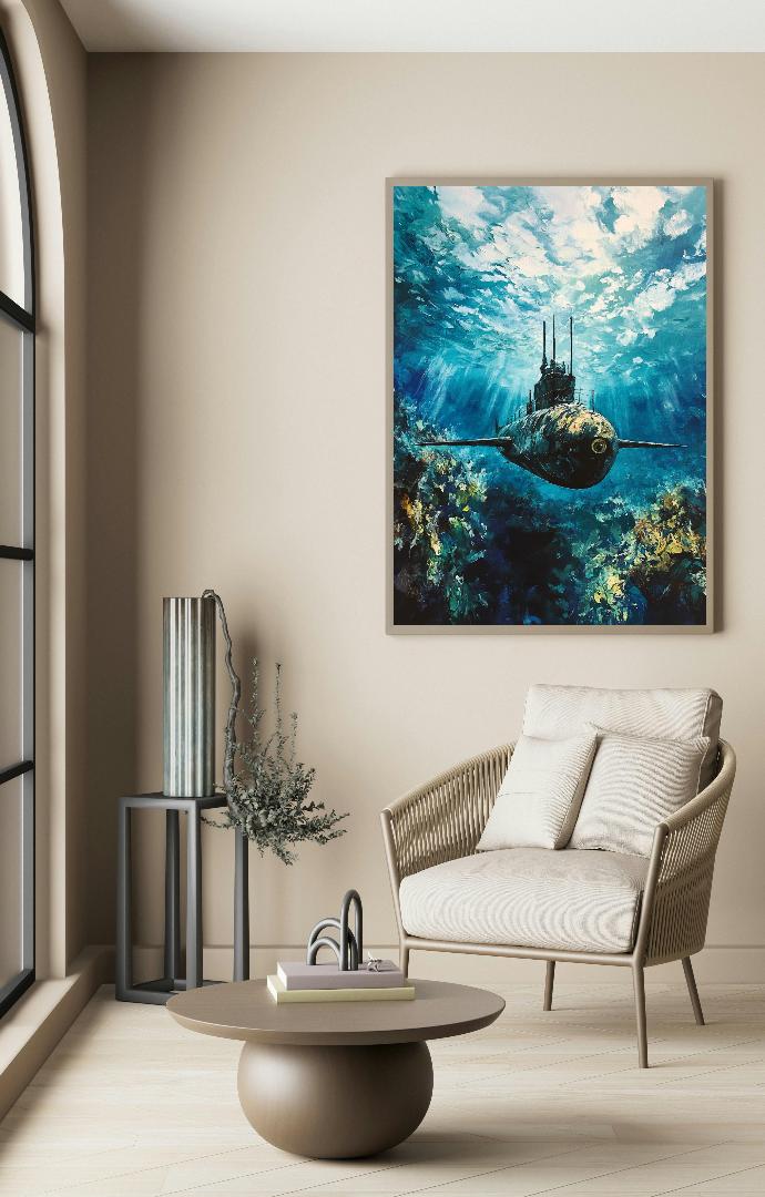 Submarine In The Ocean Painting Digital Printable Wall Art.