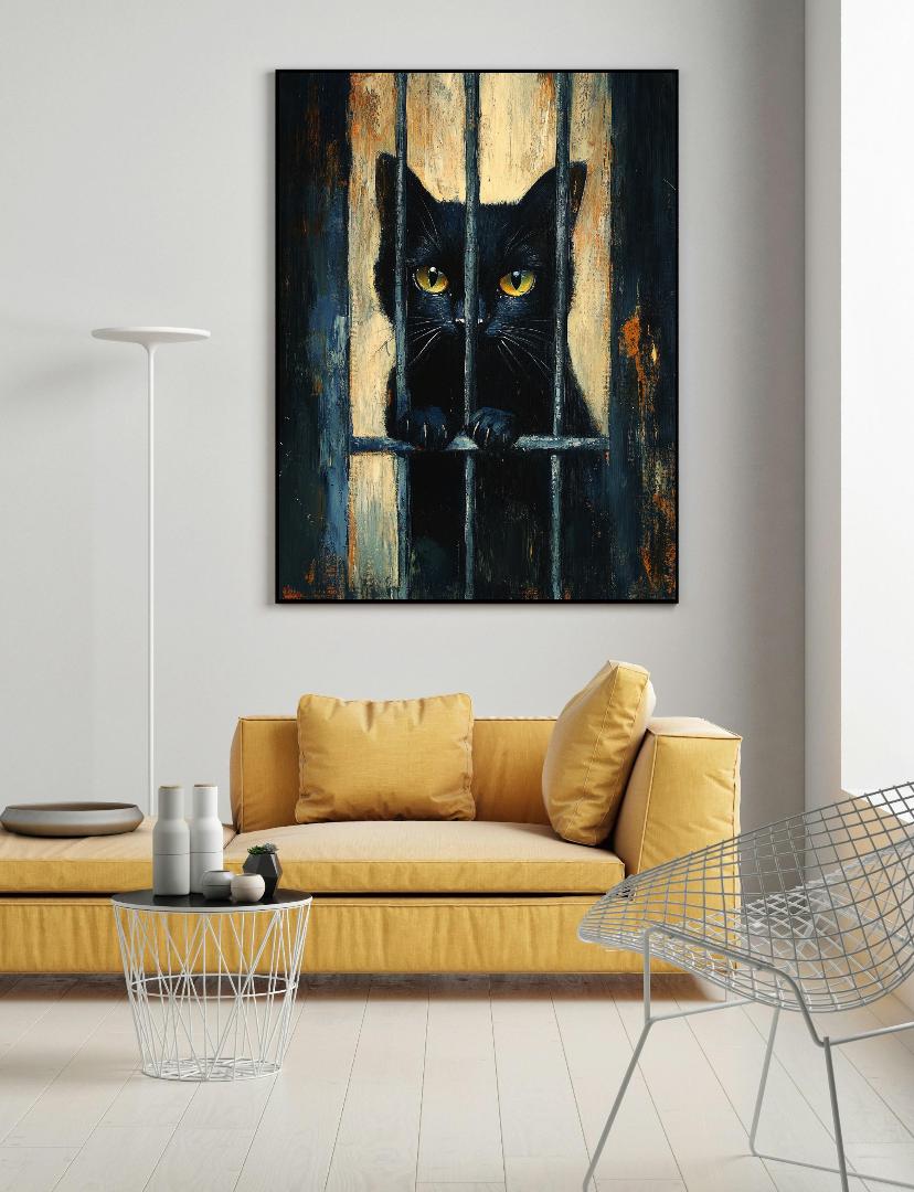 Cat Behind Bars Painting Digital Printable Wall Art.