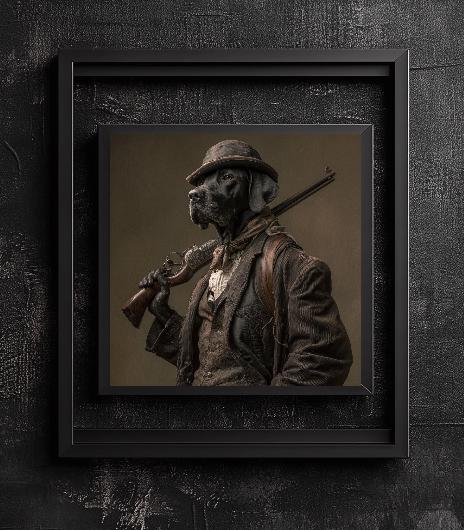 Dog Holding Gun On Shoulder Wall Art.