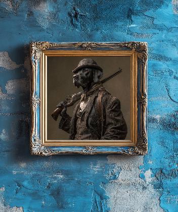 Dog Holding Gun On Shoulder Wall Art.