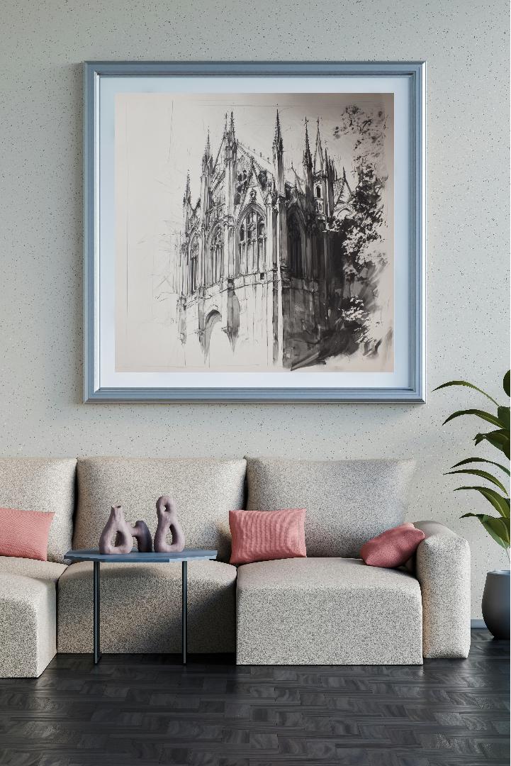 Gothic Building Architectural Sketch Digital Printable Wall Art.