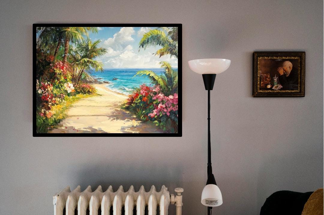 Floral Beach Oil Painting Art Print | Tropical Seascape (Digital Download)