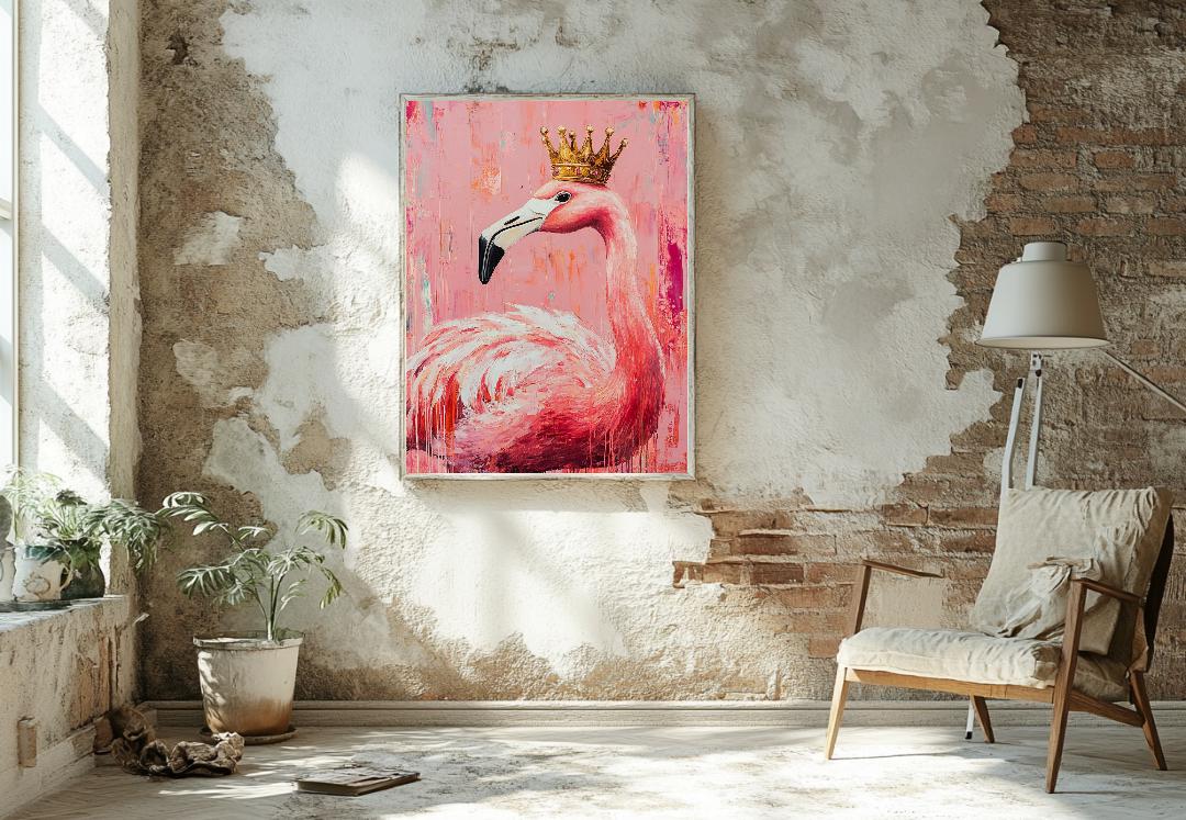 Pink Flamingo Wearing Crown Digital Printable Wall Art.