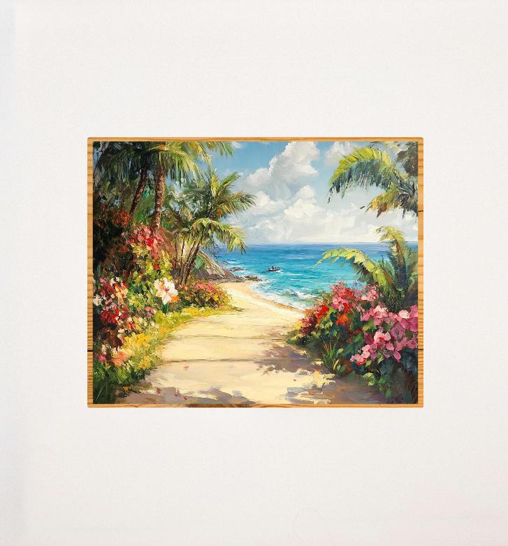Floral Beach Oil Painting Art Print | Tropical Seascape (Digital Download)