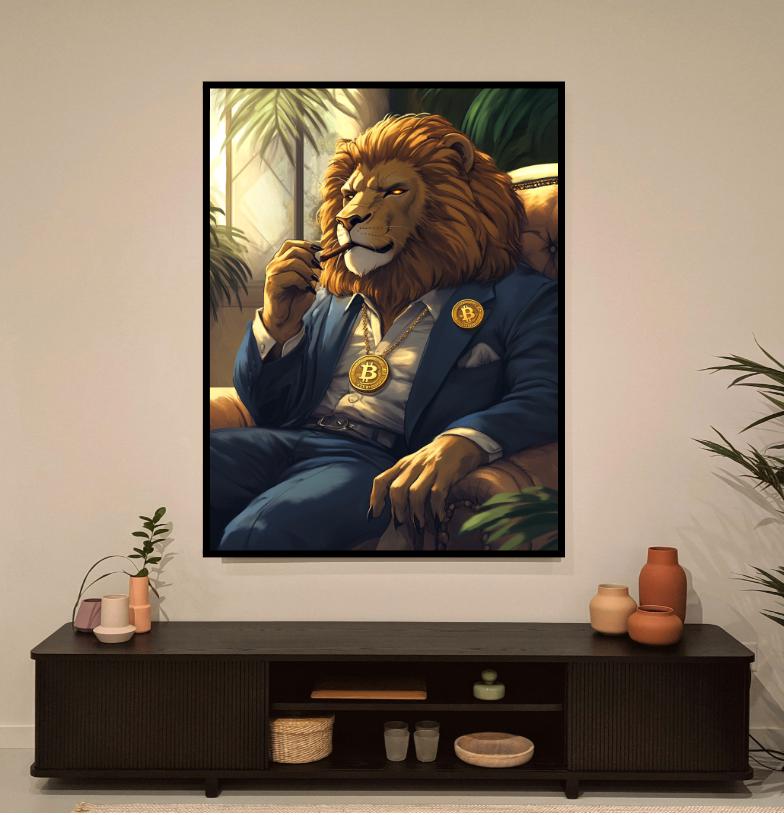 Rich Lion Wearing Bitcoin Pendant Digital Printable Wall Art.