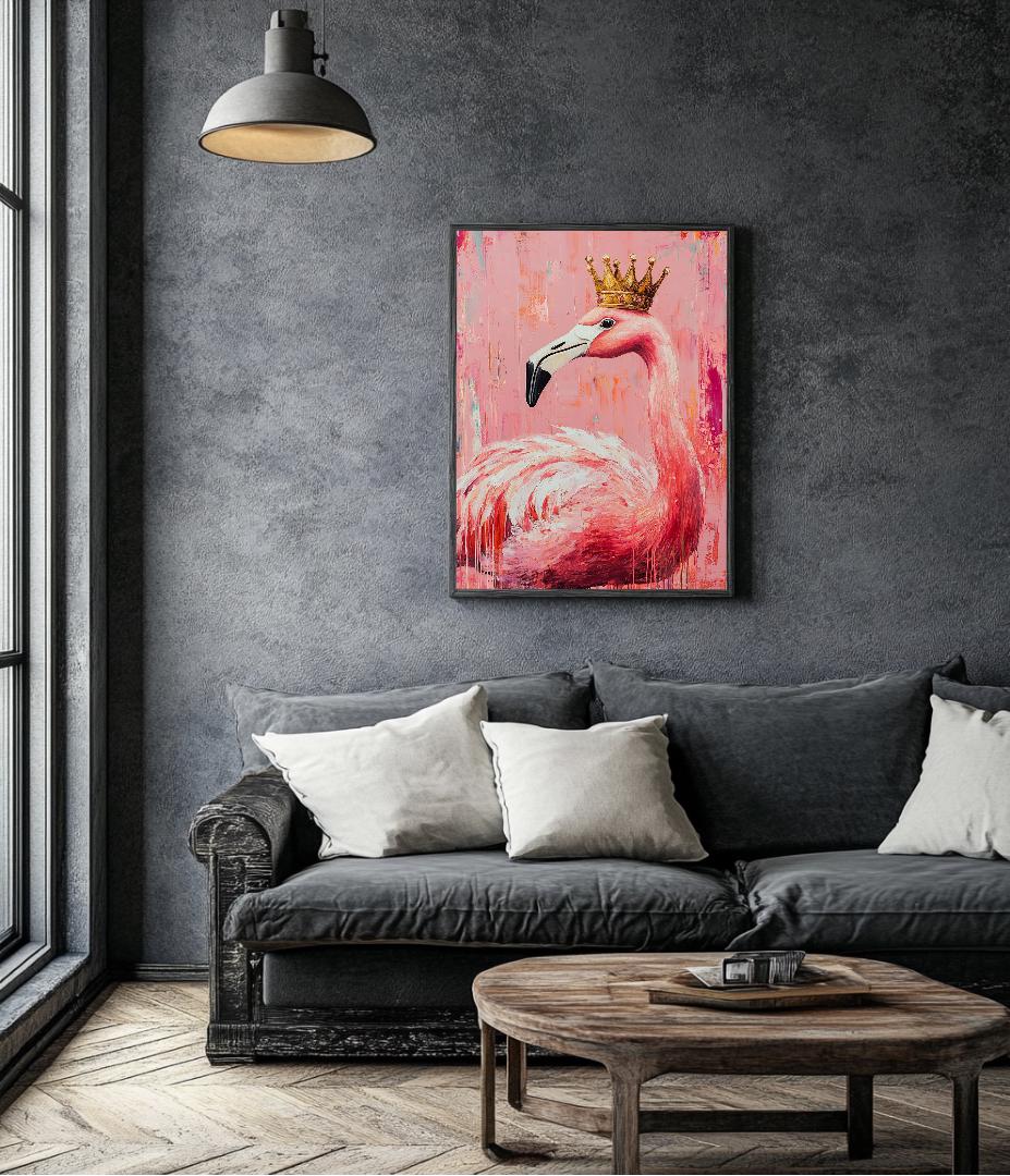 Pink Flamingo Wearing Crown Digital Printable Wall Art.