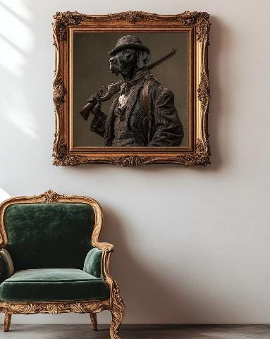 Dog Holding Gun On Shoulder Wall Art.